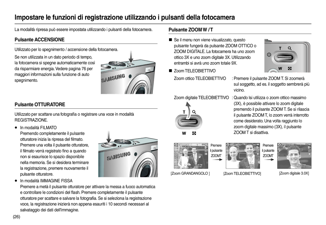 Samsung EC-M110ZSBF/E1, EC-M110ZSDB/E3 manual Pulsante Accensione, Pulsante Otturatore, Pulsante Zoom W / T, Registrazione 