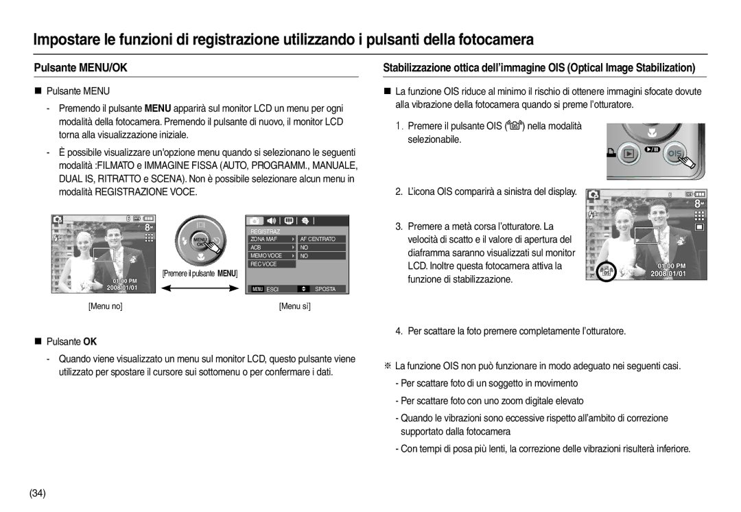 Samsung EC-M110ZSBF/E1, EC-M110ZSDB/E3 Pulsante MENU/OK, „ Pulsante Menu, „ Pulsante OK, Premere il pulsante Menu Menu no 