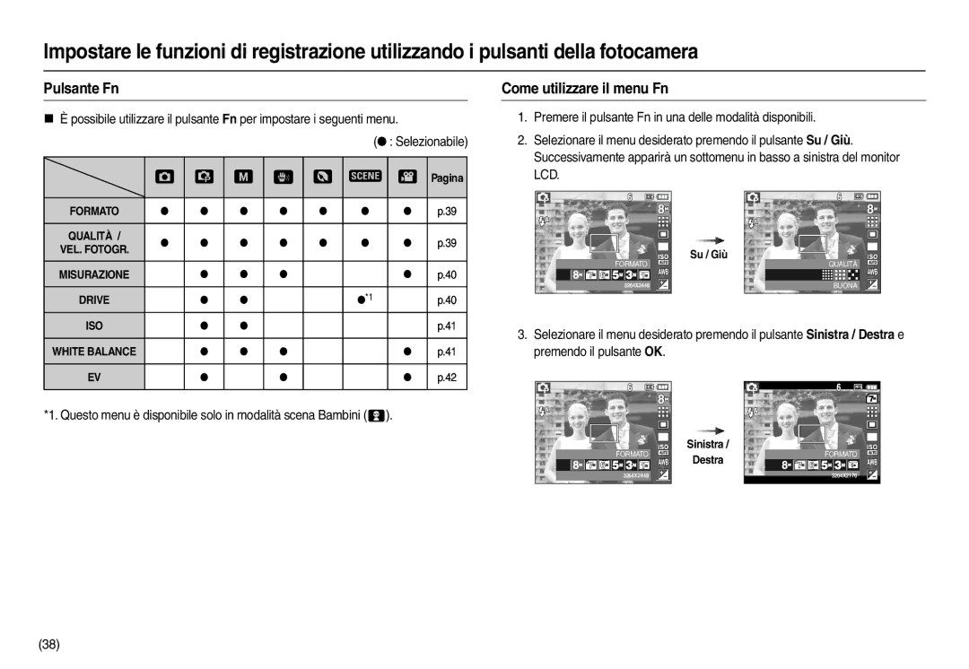 Samsung EC-M110ZSBF/E1 Pulsante Fn, Come utilizzare il menu Fn, Questo menu è disponibile solo in modalità scena Bambini  