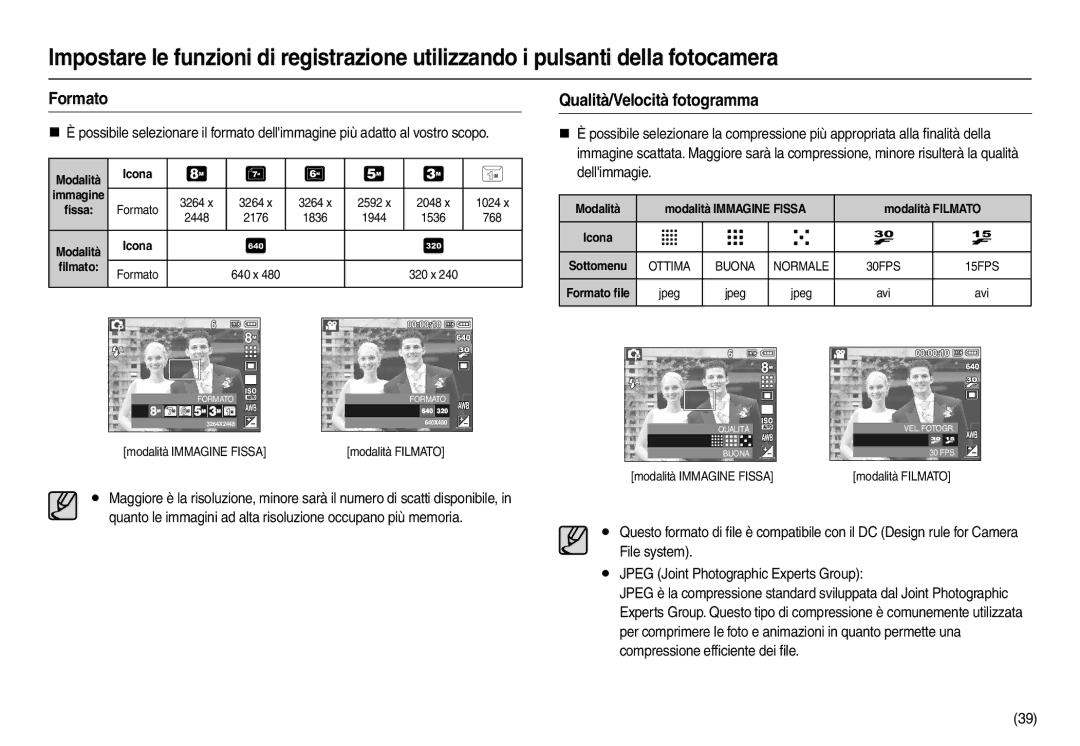 Samsung EC-M110ZSDB/E3 Formato, Qualità/Velocità fotogramma, ﬁlmato, Modalità Modalità Immagine Fissa Modalità Filmato 