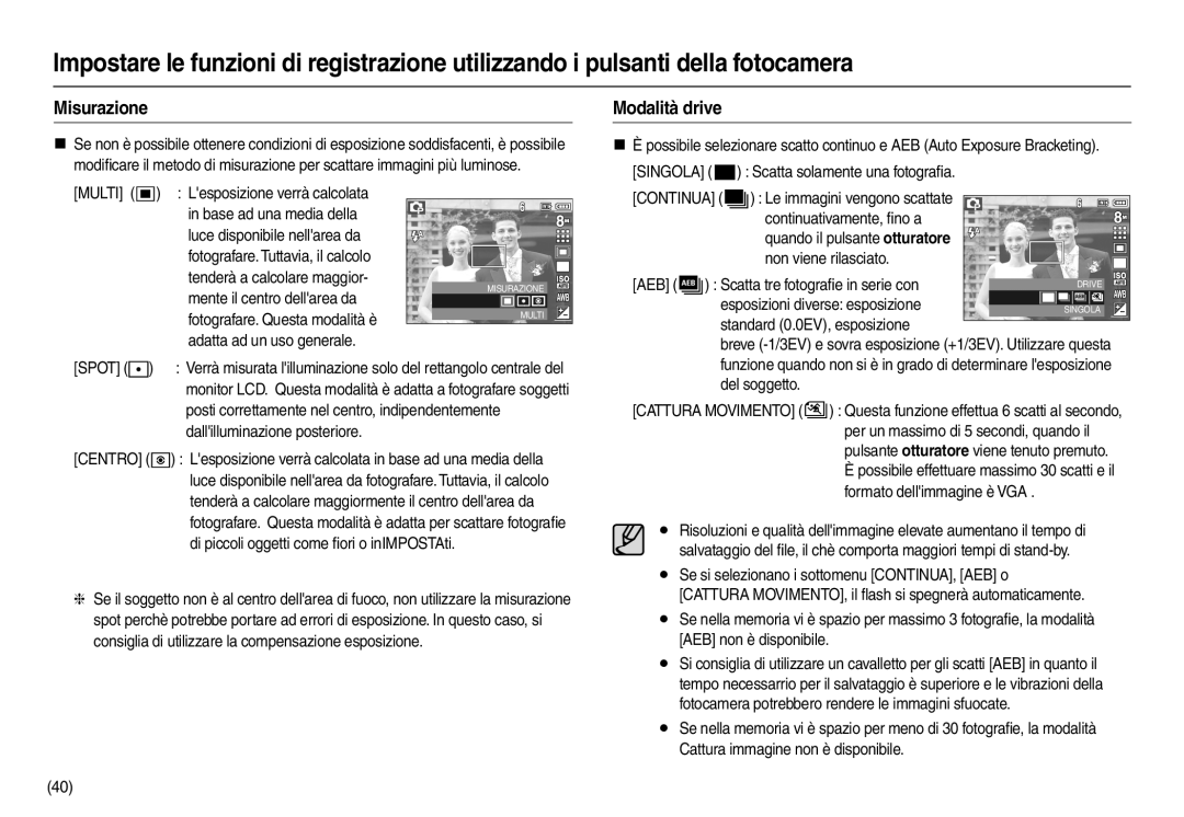 Samsung EC-M110ZSBB/IT, EC-M110ZSDB/E3, EC-M110ZSBE/E1, EC-M110ZSBF/E1 manual Misurazione, Modalità drive 