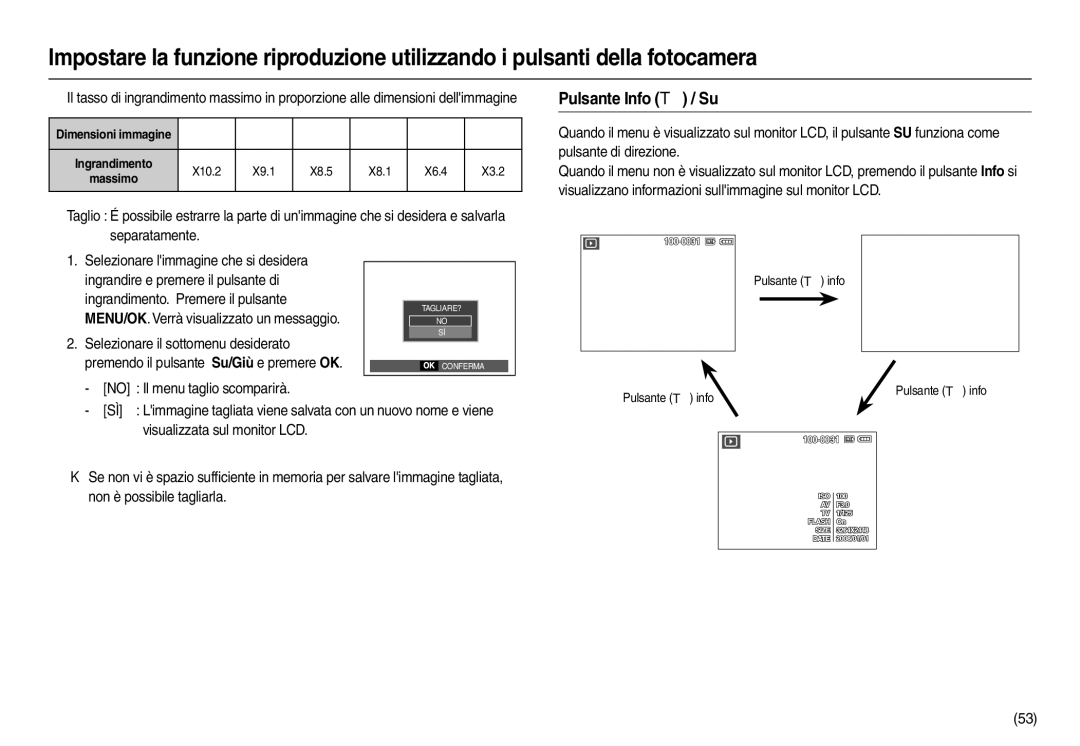 Samsung EC-M110ZSBE/E1 manual Pulsante Info  / Su, No Il menu taglio scomparirà, X9.1, X8.1 X6.4, Pulsante  info 