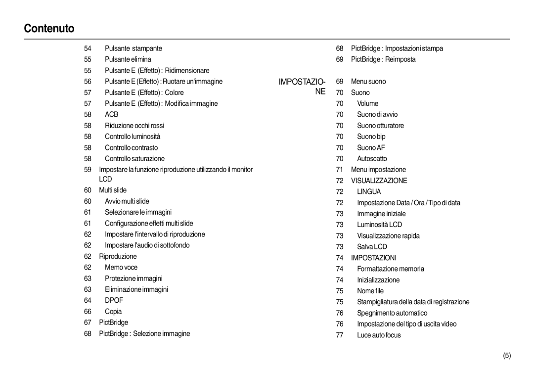 Samsung EC-M110ZSBE/E1 manual Dpof, Copia PictBridge PictBridge Selezione immagine, Impostazio- Ne, Visualizzazione Lingua 