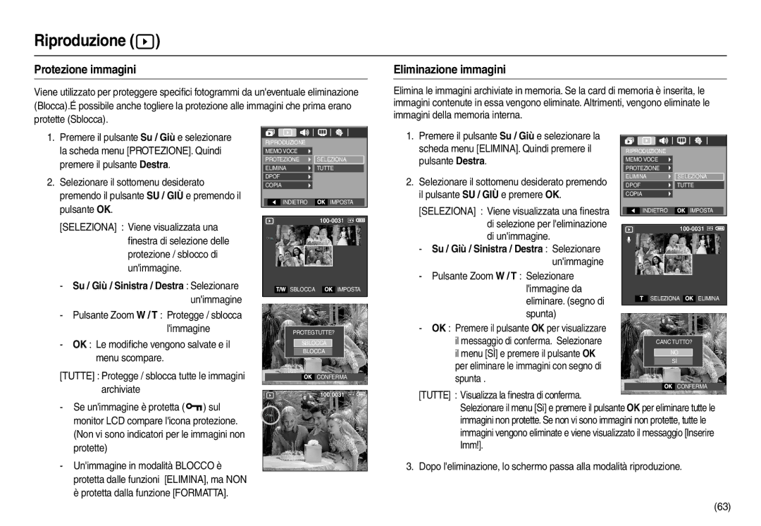 Samsung EC-M110ZSDB/E3 manual Protezione immagini, Eliminazione immagini, Su / Giù / Sinistra / Destra Selezionare 