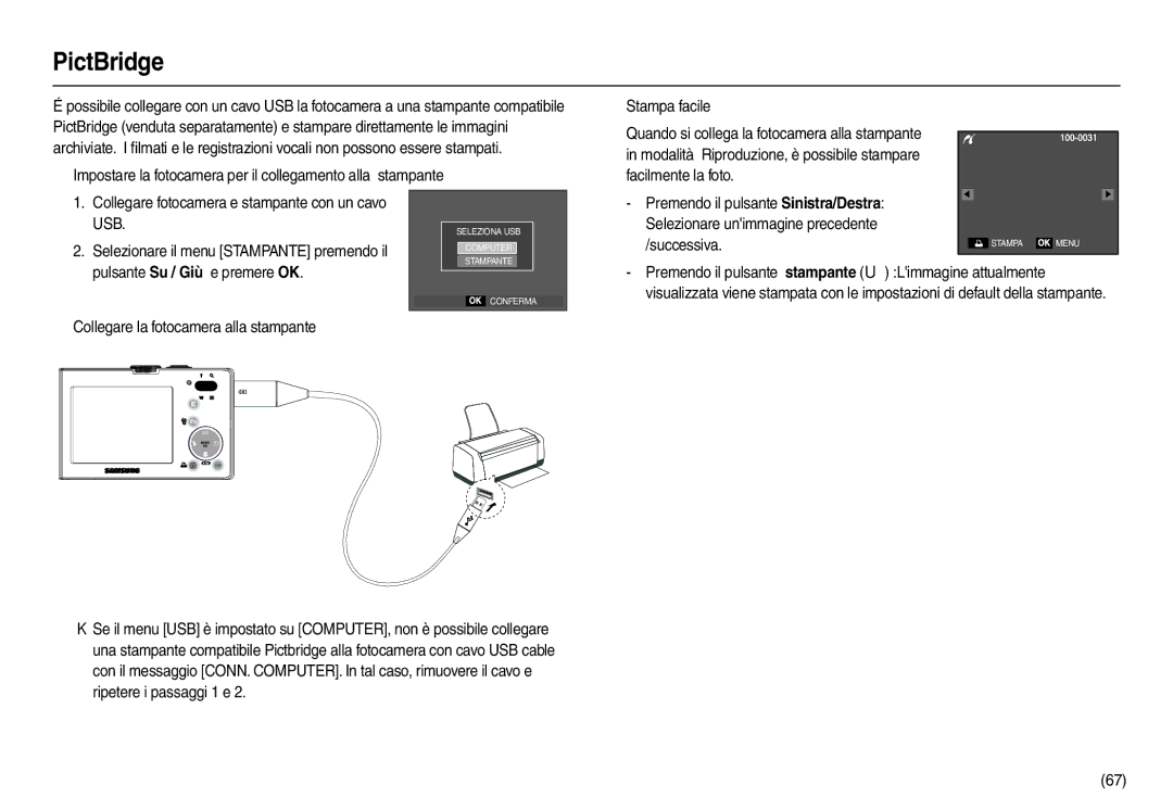 Samsung EC-M110ZSDB/E3 manual PictBridge, Collegare fotocamera e stampante con un cavo, Usb, Pulsante Su / Giù e premere OK 