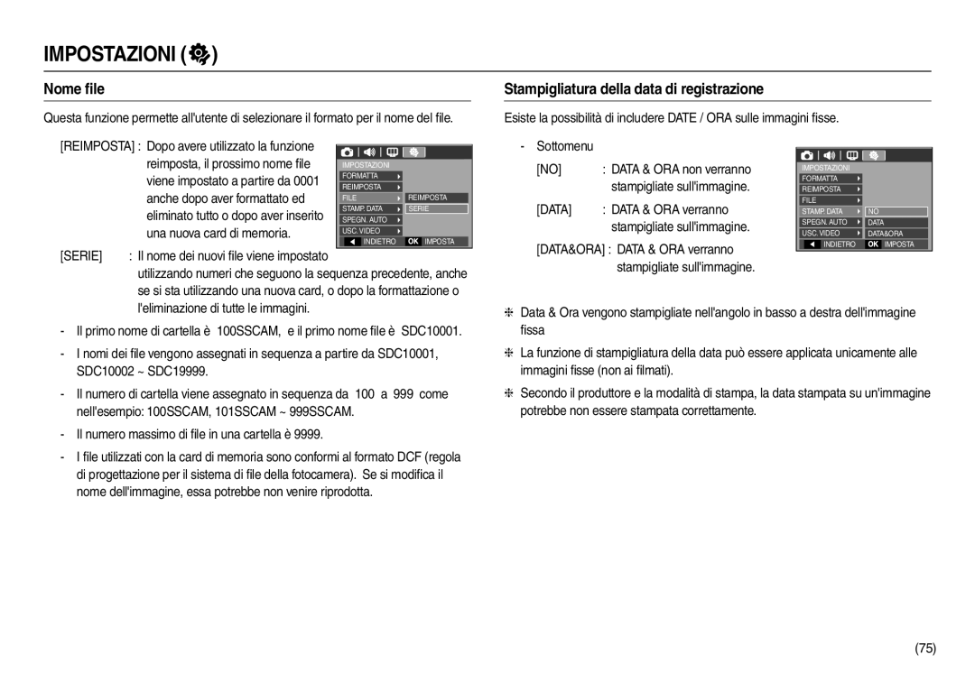 Samsung EC-M110ZSDB/E3, EC-M110ZSBB/IT, EC-M110ZSBE/E1 manual Nome ﬁle, Stampigliatura della data di registrazione, Serie 