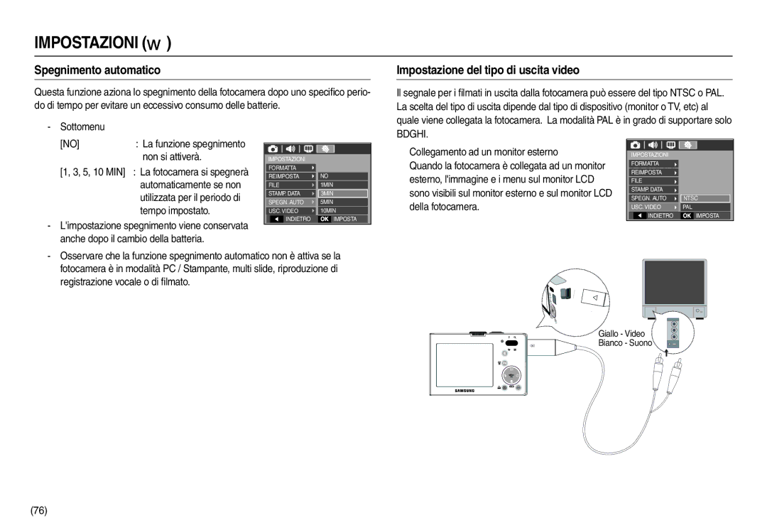 Samsung EC-M110ZSBB/IT, EC-M110ZSDB/E3, EC-M110ZSBE/E1 Spegnimento automatico, Impostazione del tipo di uscita video, Bdghi 