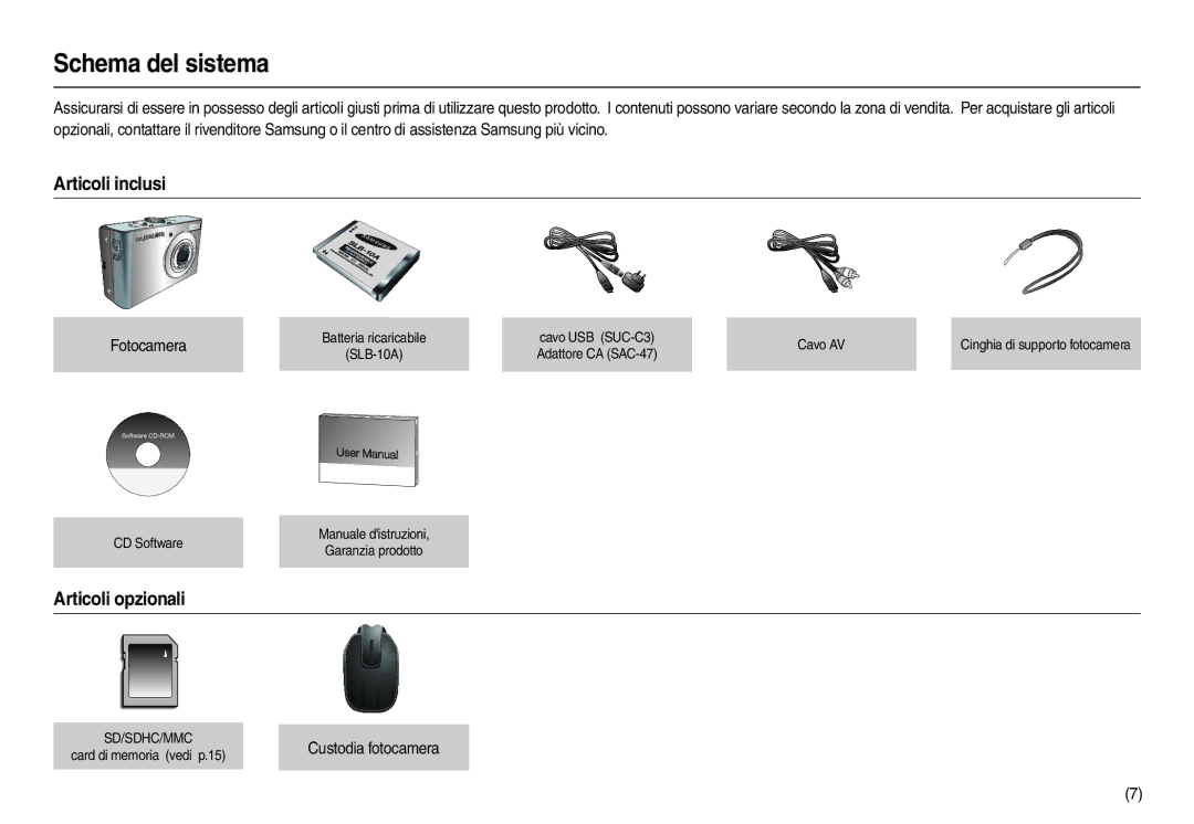 Samsung EC-M110ZSDB/E3 manual Schema del sistema, Articoli inclusi, Articoli opzionali, Fotocamera, Custodia fotocamera 