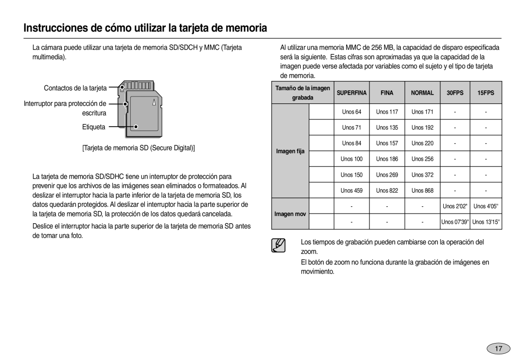 Samsung EC-M110ZSBF/E1, EC-M110ZSDB/E3, EC-M110ZSBE/E1, EC-M110ZSBC/AS manual Etiqueta Tarjeta de memoria SD Secure Digital 