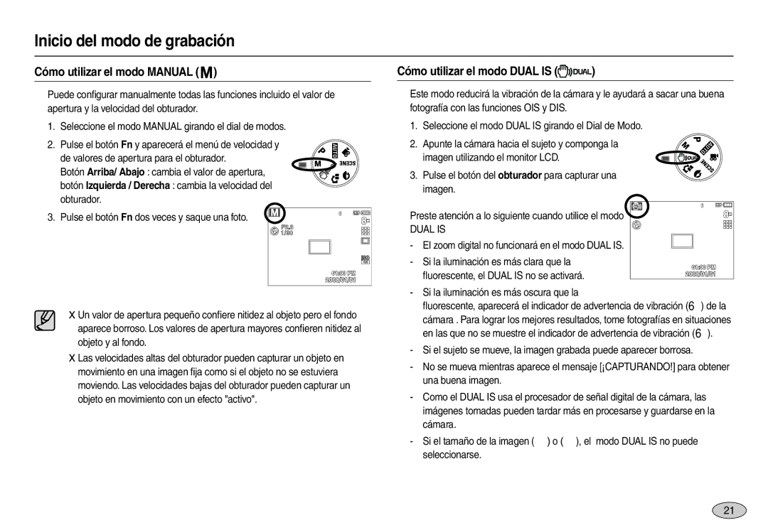 Samsung EC-M110ZSBF/E1, EC-M110ZSDB/E3, EC-M110ZSBE/E1 manual Cómo utilizar el modo Manual, Cómo utilizar el modo Dual is 