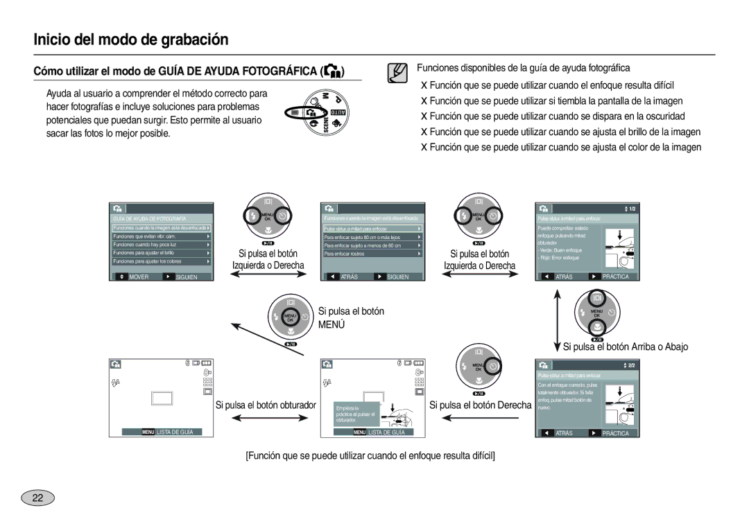 Samsung EC-M110ZSBC/AS, EC-M110ZSDB/E3 manual Cómo utilizar el modo de Guía DE Ayuda Fotográfica, Si pulsa el botón, Menú 