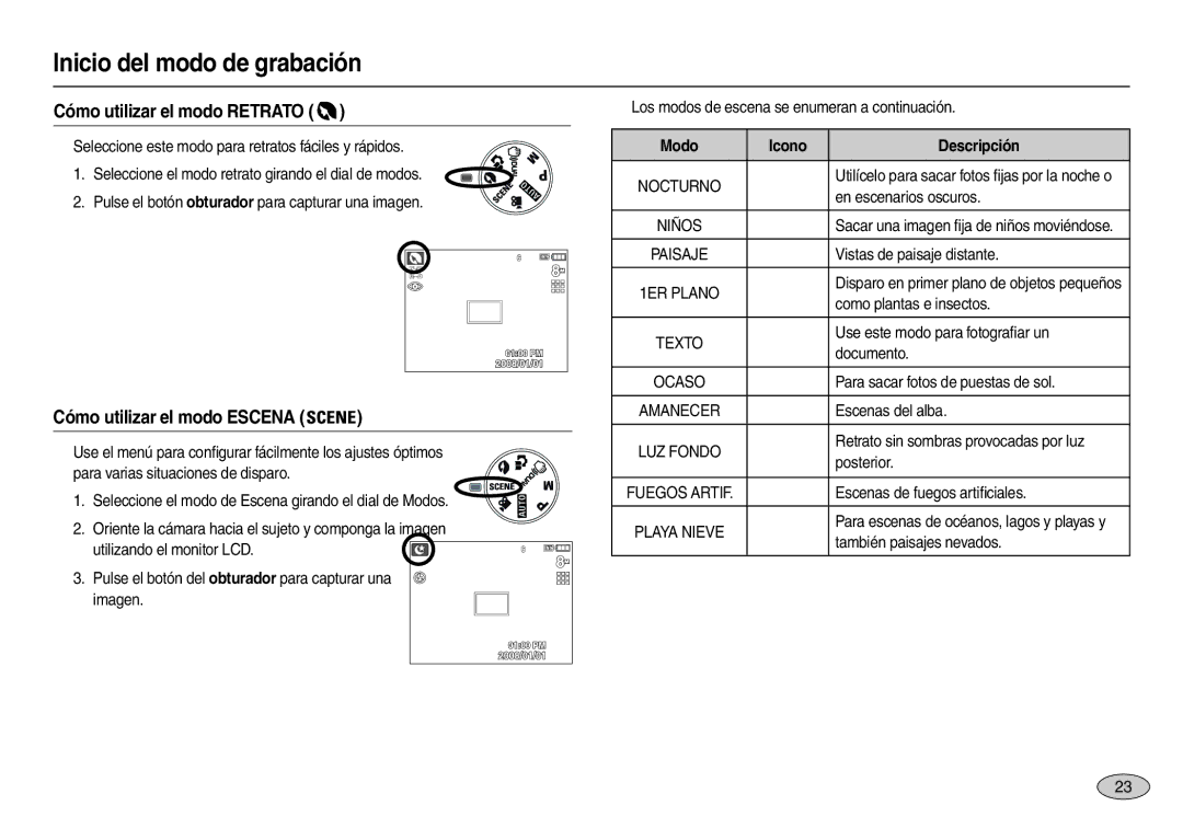 Samsung EC-M110ZSDB/E3, EC-M110ZSBE/E1 Cómo utilizar el modo Retrato, Cómo utilizar el modo Escena, Modo Icono Descripción 