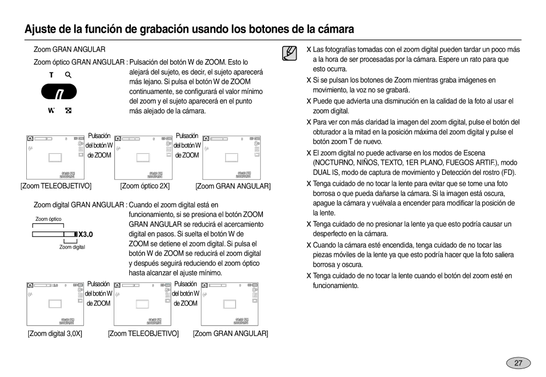 Samsung EC-M110ZSDB/E3 manual Zoom Teleobjetivo Zoom óptico, Zoom digital Gran Angular Cuando el zoom digital está en 