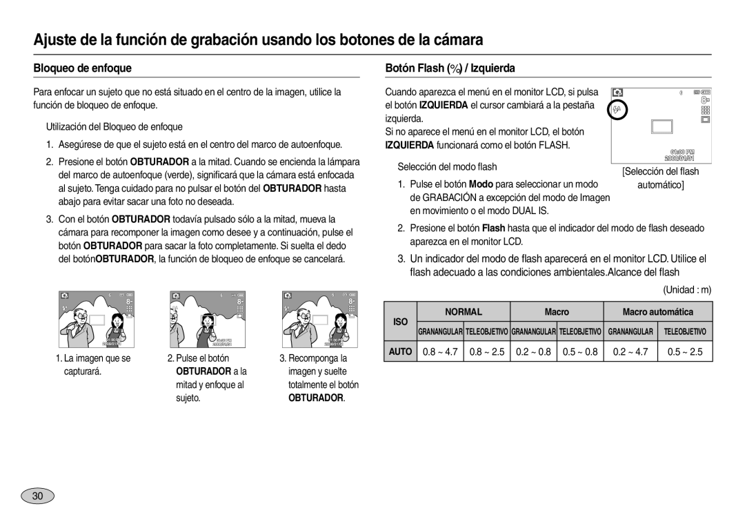 Samsung EC-M110ZSBC/AS manual Bloqueo de enfoque Botón Flash  / Izquierda, Obturador a la, Macro Macro automática 