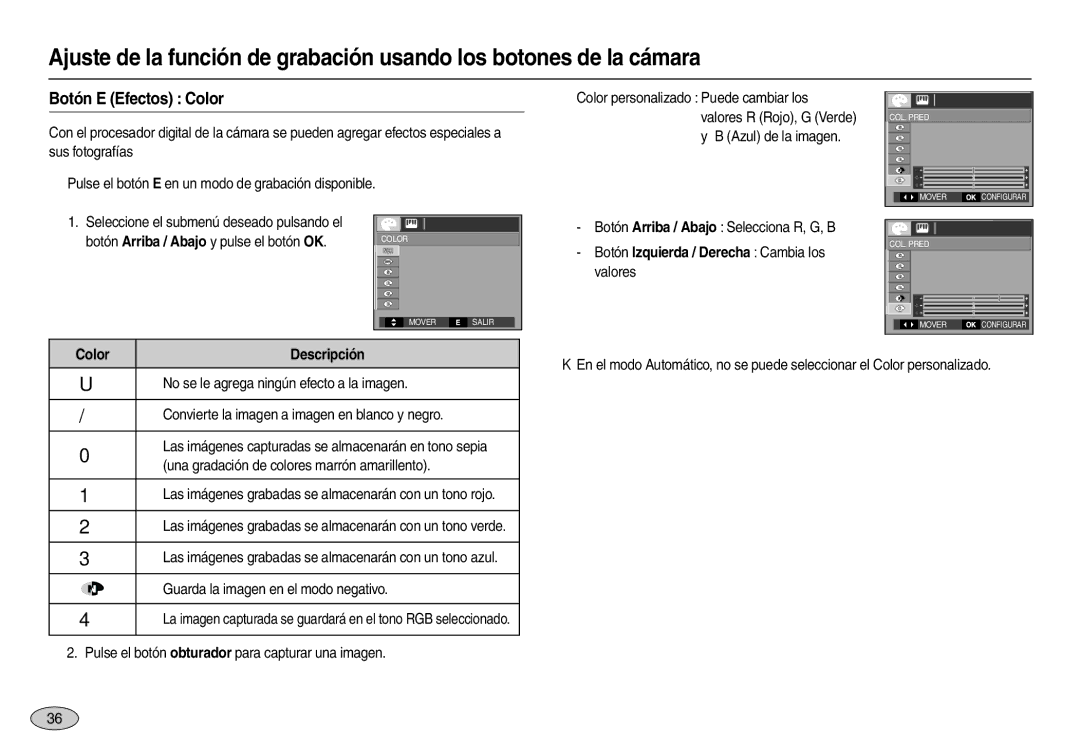 Samsung EC-M110ZSBE/E1, EC-M110ZSDB/E3, EC-M110ZSBF/E1 Botón E Efectos Color, Botón Izquierda / Derecha Cambia los valores 