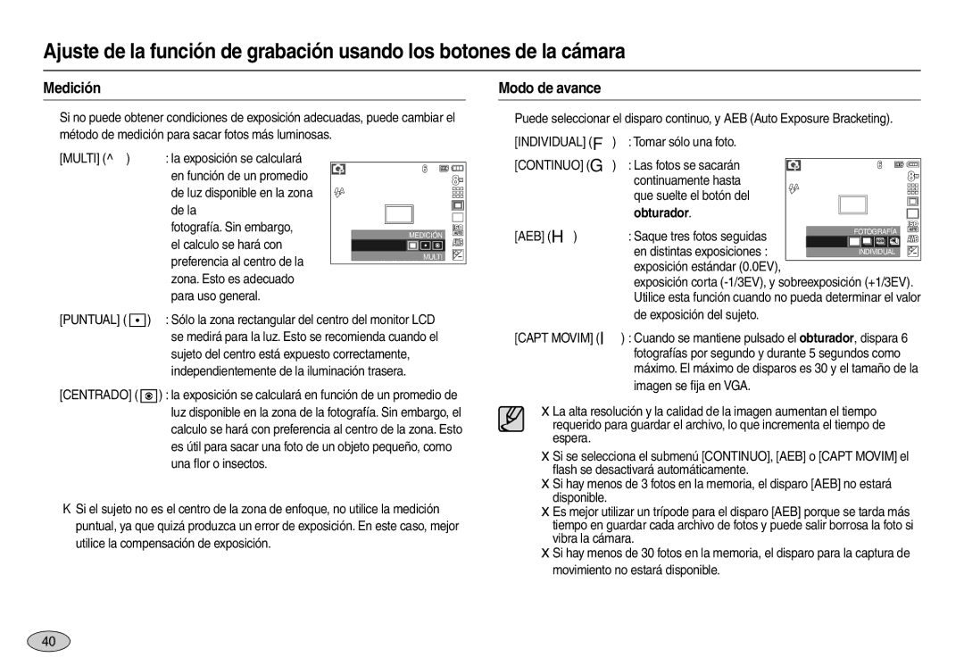 Samsung EC-M110ZSBE/E1, EC-M110ZSDB/E3, EC-M110ZSBF/E1 manual Medición, Modo de avance, Individual , Continuo , Obturador 