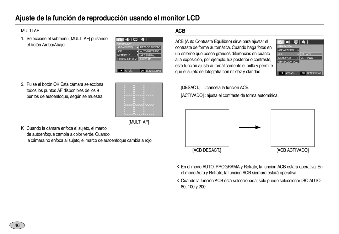 Samsung EC-M110ZSBC/AS, EC-M110ZSDB/E3, EC-M110ZSBE/E1, EC-M110ZSBF/E1 manual „ Multi AF, ACB Desact 