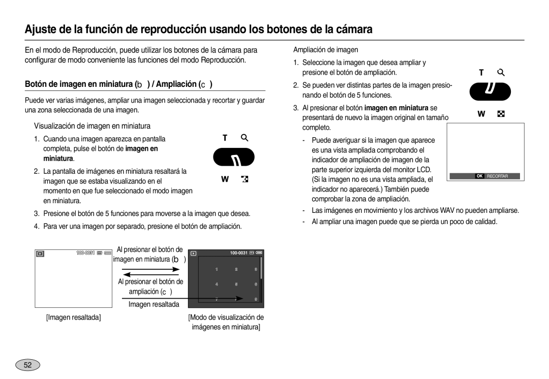 Samsung EC-M110ZSBE/E1 manual Botón de imagen en miniatura  / Ampliación , „ Visualización de imagen en miniatura 