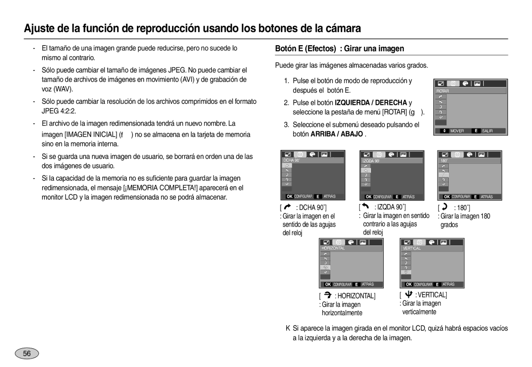 Samsung EC-M110ZSBE/E1, EC-M110ZSDB/E3, EC-M110ZSBF/E1, EC-M110ZSBC/AS manual Botón E Efectos Girar una imagen 