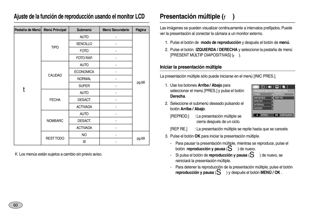 Samsung EC-M110ZSBE/E1, EC-M110ZSDB/E3, EC-M110ZSBF/E1 manual Presentación múltiple , Iniciar la presentación múltiple 