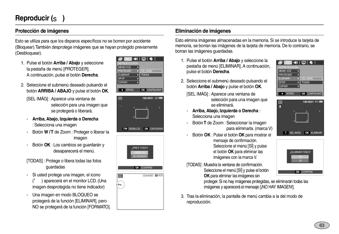 Samsung EC-M110ZSDB/E3 manual Protección de imágenes, Eliminación de imágenes, Continuación, pulse el botón Derecha 