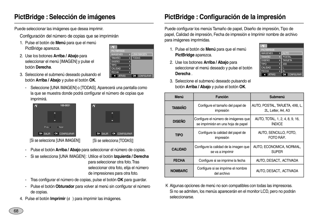 Samsung EC-M110ZSBE/E1 PictBridge Selección de imágenes, PictBridge Conﬁguración de la impresión, PictBridge aparezca 