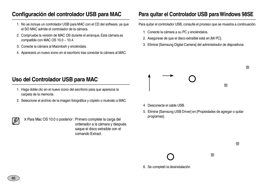 Samsung EC-M110ZSBC/AS, EC-M110ZSDB/E3 manual Uso del Controlador USB para MAC, Conﬁguración del controlador USB para MAC 