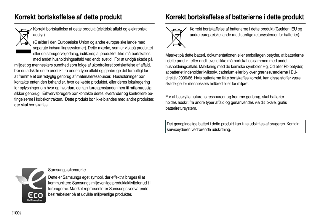 Samsung EC-M110ZSDB/E3 manual Korrekt bortskaffelse af dette produkt, Samsungs økomærke 