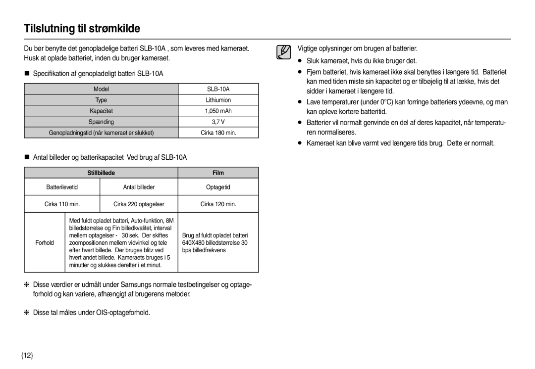 Samsung EC-M110ZSDB/E3 manual Tilslutning til strømkilde, „ Antal billeder og batterikapacitet Ved brug af SLB-10A, Model 