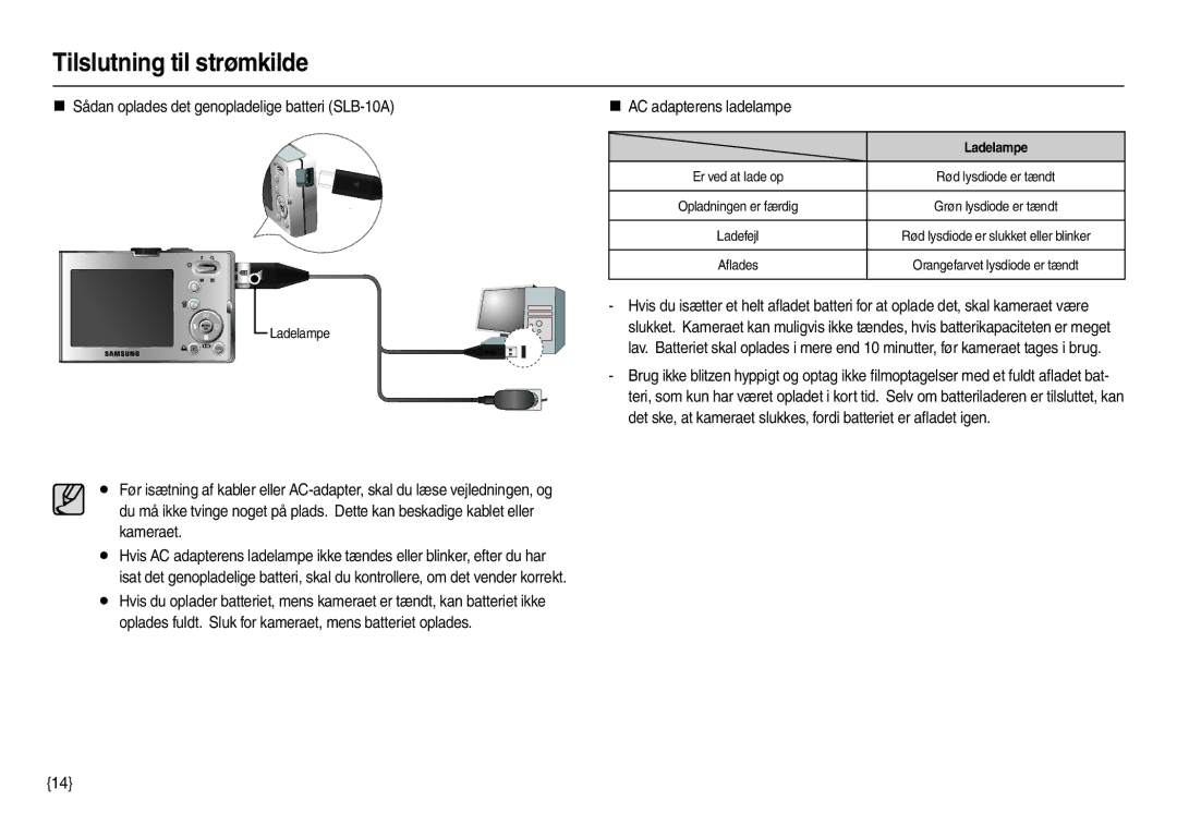 Samsung EC-M110ZSDB/E3 manual „ Sådan oplades det genopladelige batteri SLB-10A, „ AC adapterens ladelampe, Ladelampe 