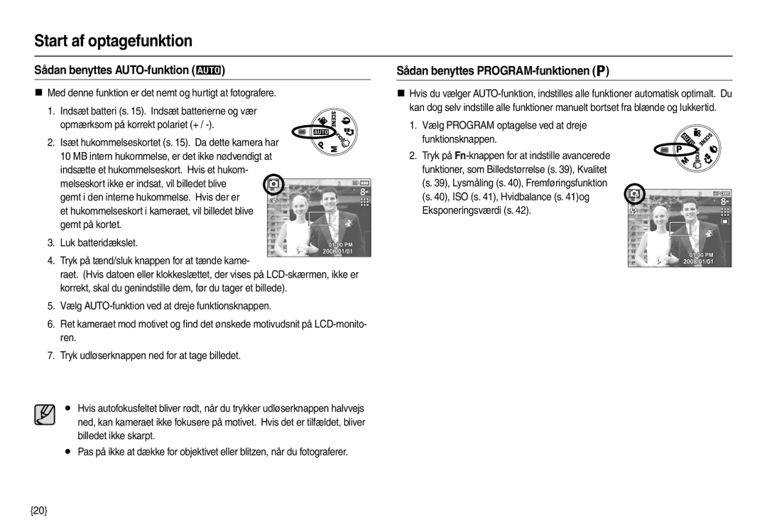 Samsung EC-M110ZSDB/E3 manual Start af optagefunktion, Sådan benyttes AUTO-funktion, Sådan benyttes PROGRAM-funktionen 