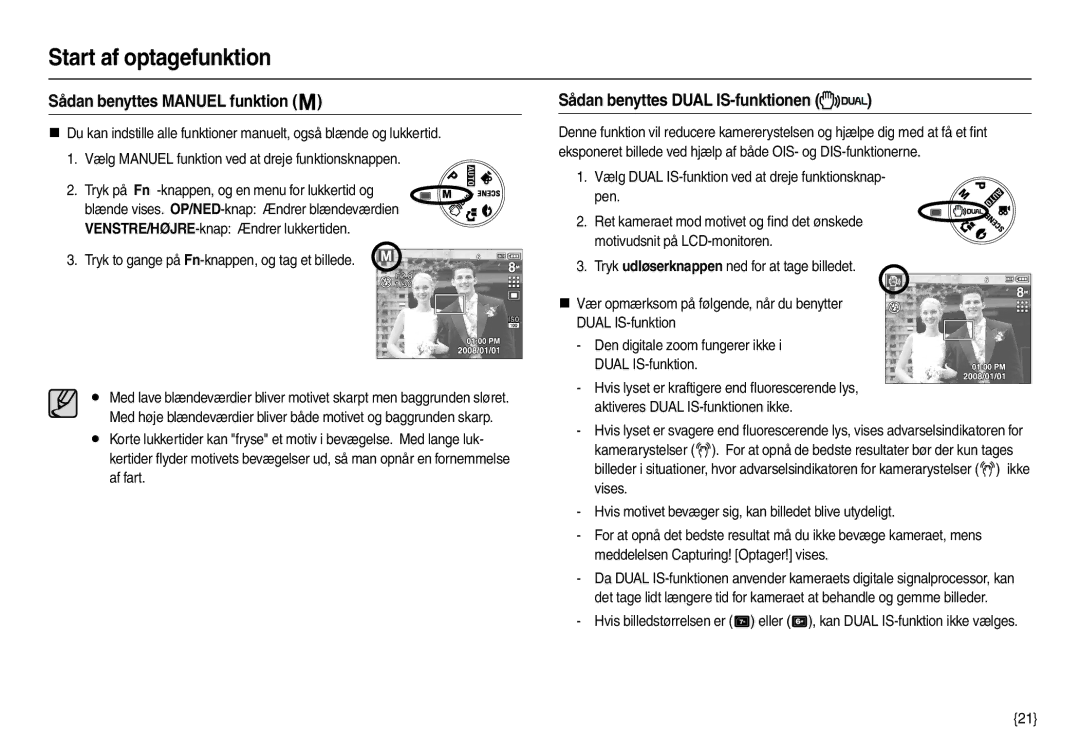 Samsung EC-M110ZSDB/E3 manual Sådan benyttes Manuel funktion, Sådan benyttes Dual IS-funktionen 