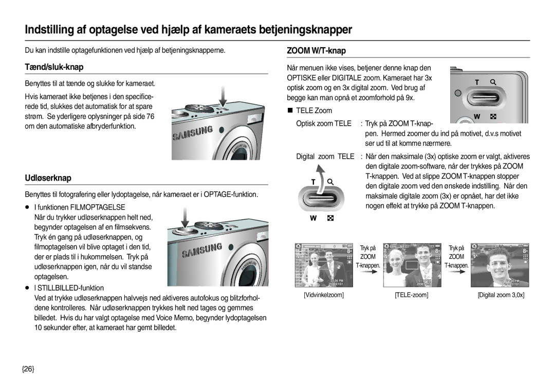 Samsung EC-M110ZSDB/E3 manual Tænd/sluk-knap, Udløserknap, Zoom W/T-knap 