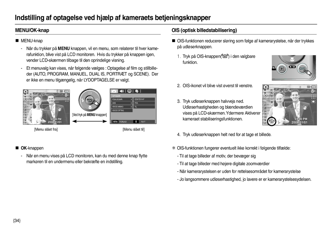 Samsung EC-M110ZSDB/E3 manual MENU/OK-knap, OIS optisk billedstabilisering, „ MENU-knap, „ OK-knappen 