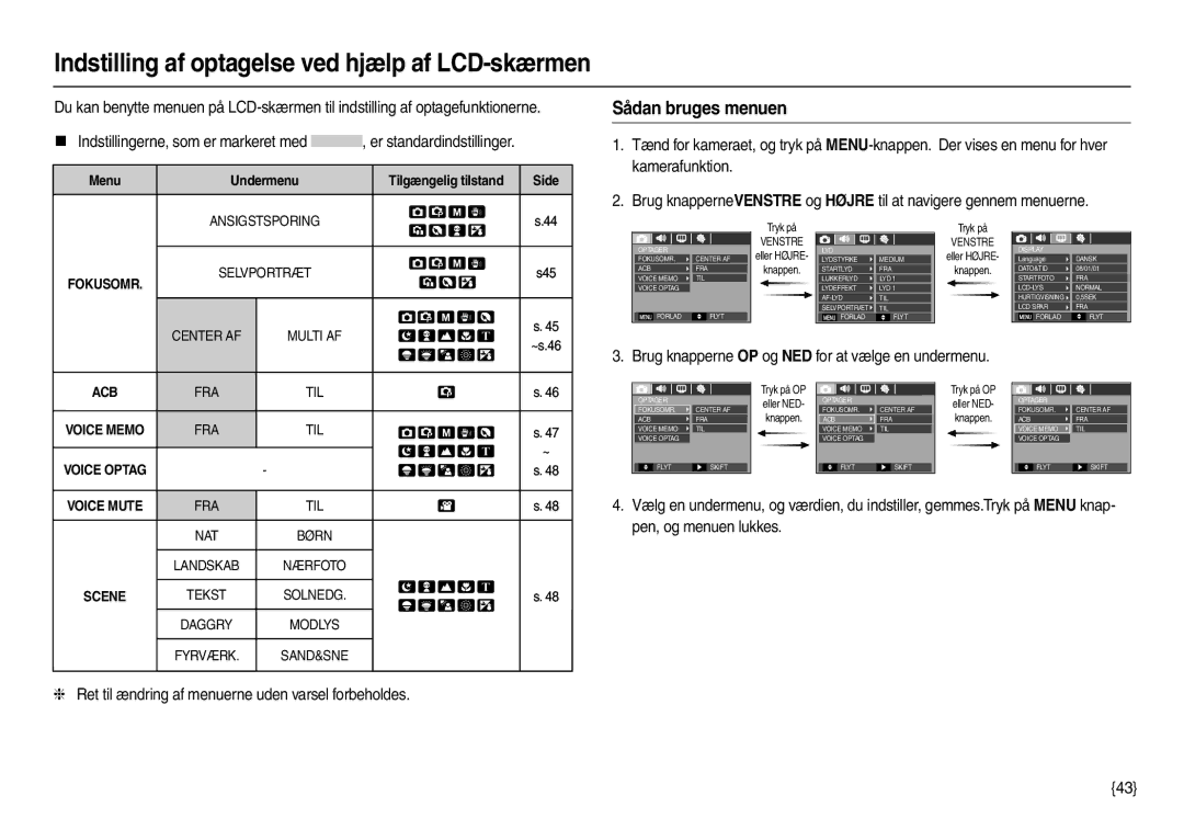 Samsung EC-M110ZSDB/E3 manual Indstilling af optagelse ved hjælp af LCD-skærmen, Sådan bruges menuen 