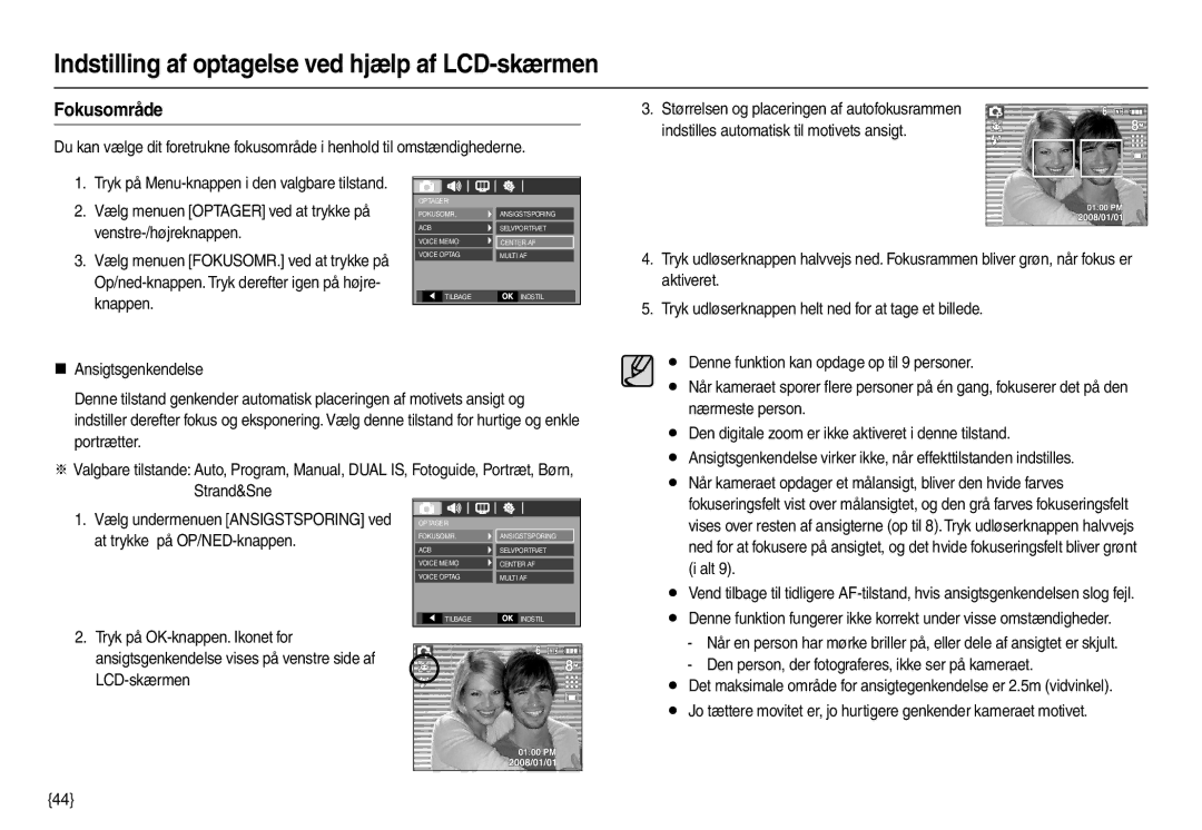 Samsung EC-M110ZSDB/E3 manual Fokusområde, Når kameraet opdager et målansigt, bliver den hvide farves, Alt 