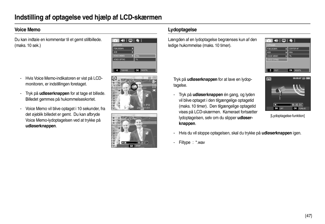 Samsung EC-M110ZSDB/E3 manual Voice Memo Lydoptagelse, Vises på LCD-skærmen. Kameraet fortsætter, Knappen, Filtype *.wav 