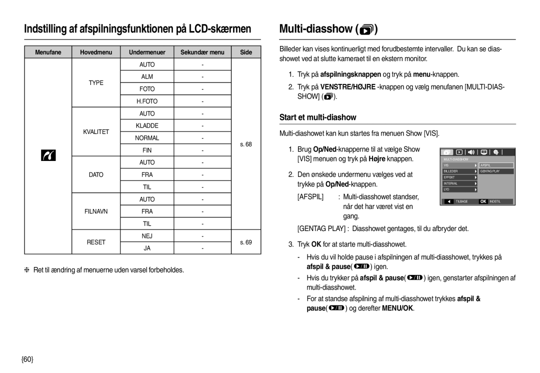 Samsung EC-M110ZSDB/E3 manual Multi-diasshow , Start et multi-diashow, Gang, Menufane 