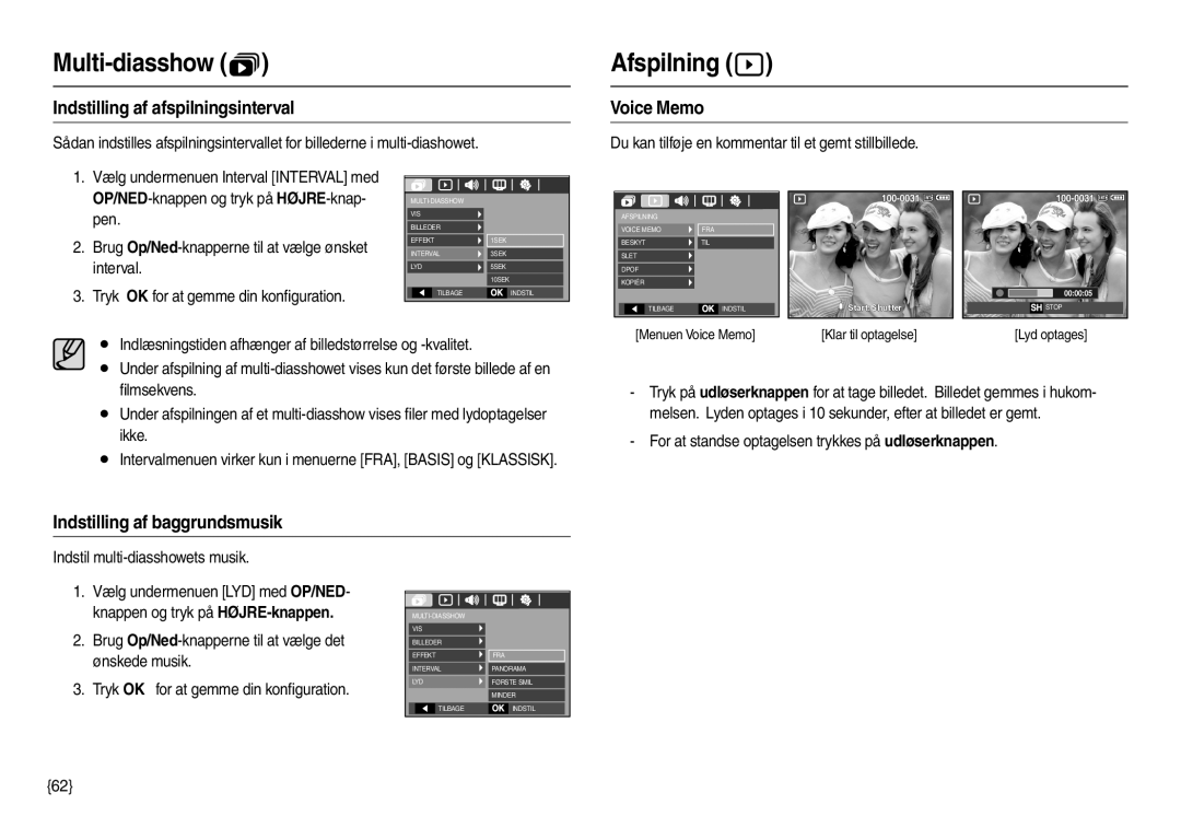 Samsung EC-M110ZSDB/E3 manual Afspilning , Indstilling af afspilningsinterval, Voice Memo, Indstilling af baggrundsmusik 