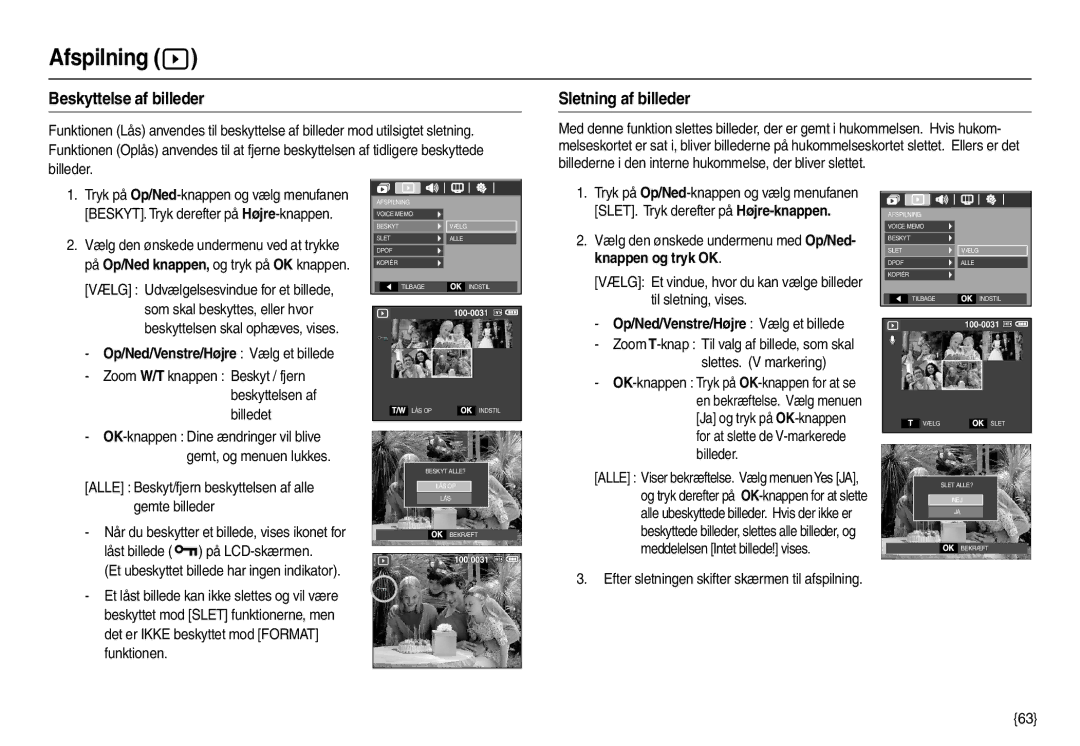 Samsung EC-M110ZSDB/E3 manual Beskyttelse af billeder, Sletning af billeder, Knappen og tryk OK 