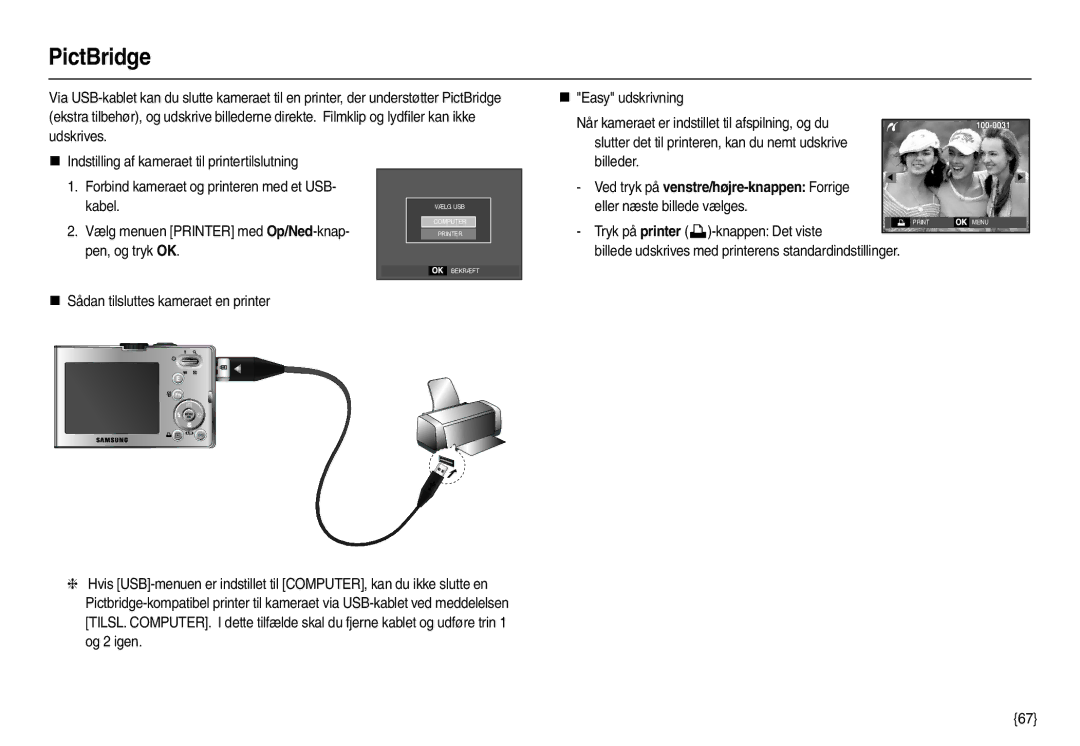 Samsung EC-M110ZSDB/E3 manual PictBridge, Tryk på printer -knappen Det viste 