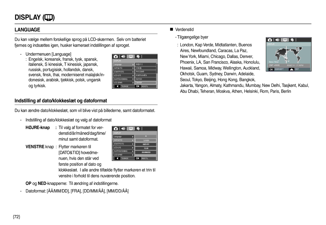 Samsung EC-M110ZSDB/E3 manual Aires, Newfoundland, Caracas, La Paz Undermenuen Language, Første position af dato og 