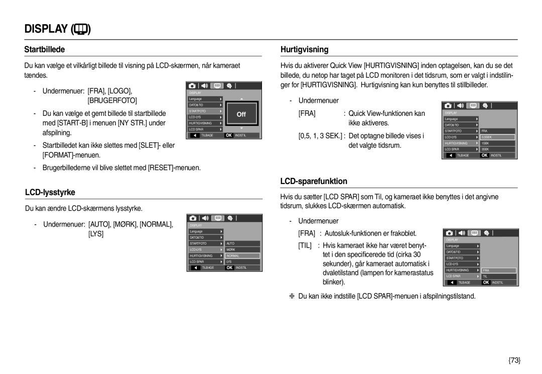 Samsung EC-M110ZSDB/E3 manual Startbillede, Hurtigvisning, LCD-lysstyrke LCD-sparefunktion 