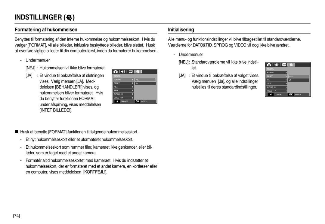 Samsung EC-M110ZSDB/E3 manual Formatering af hukommelsen, Initialisering 