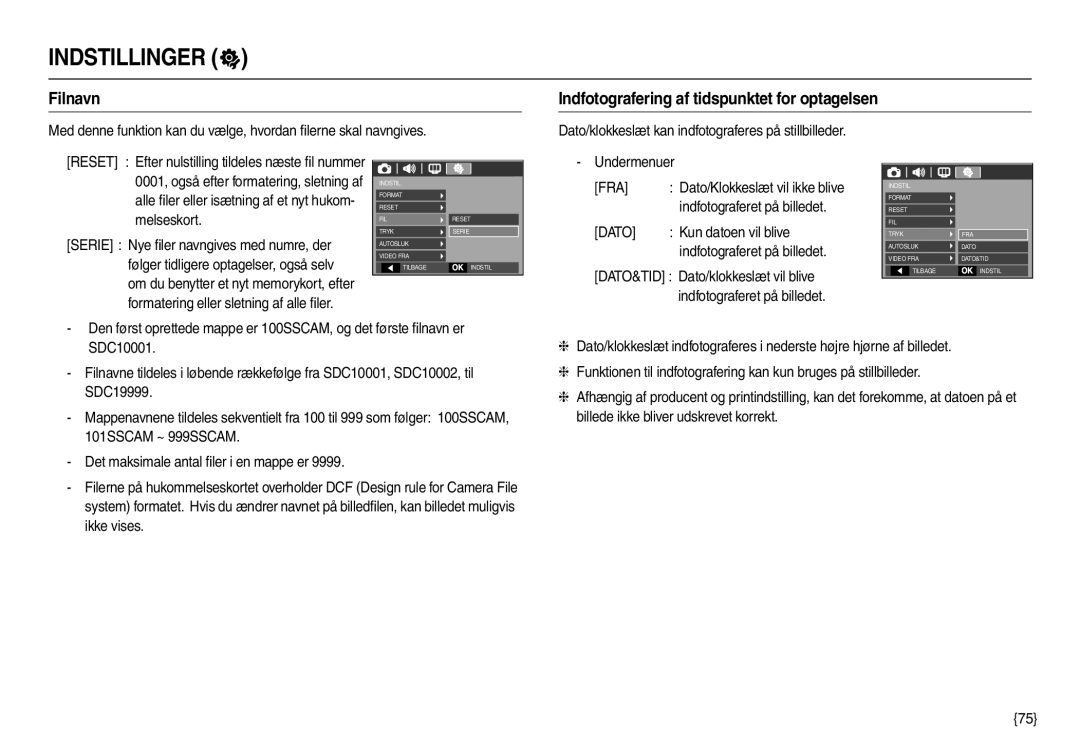 Samsung EC-M110ZSDB/E3 manual Filnavn Indfotografering af tidspunktet for optagelsen, Kun datoen vil blive 