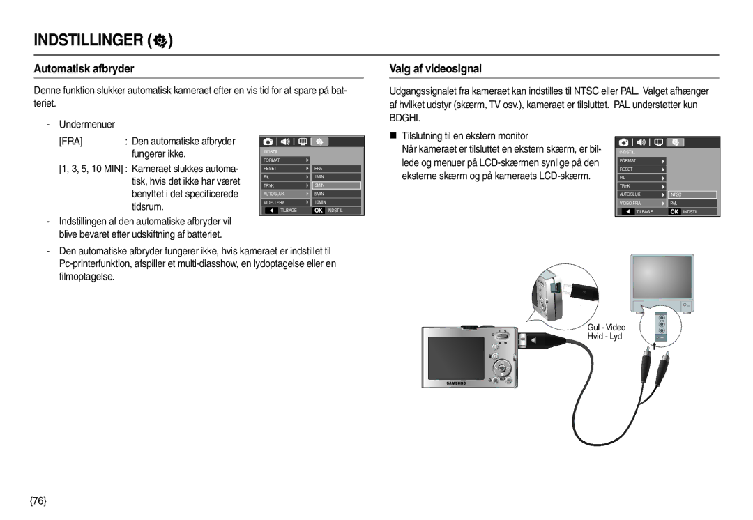 Samsung EC-M110ZSDB/E3 manual Automatisk afbryder Valg af videosignal, Teriet, ﬁlmoptagelse, Gul Video Hvid Lyd 