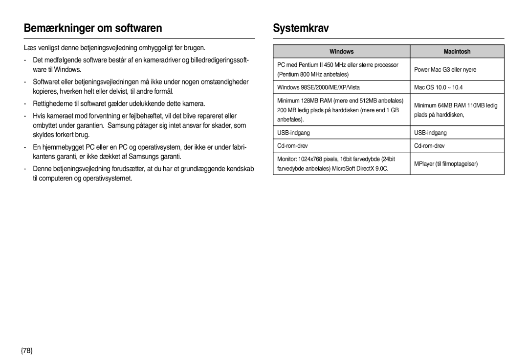 Samsung EC-M110ZSDB/E3 manual Bemærkninger om softwaren, Systemkrav, Windows Macintosh 