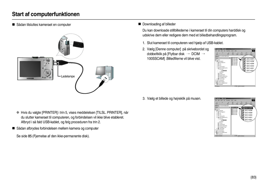 Samsung EC-M110ZSDB/E3 manual Slut kameraet til computeren ved hjælp af USB-kablet, Vælg Denne computer på skrivebordet og 