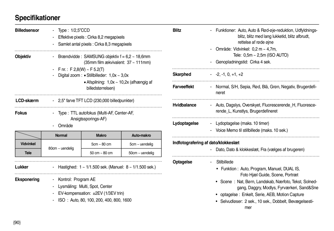 Samsung EC-M110ZSDB/E3 manual Speciﬁkationer 