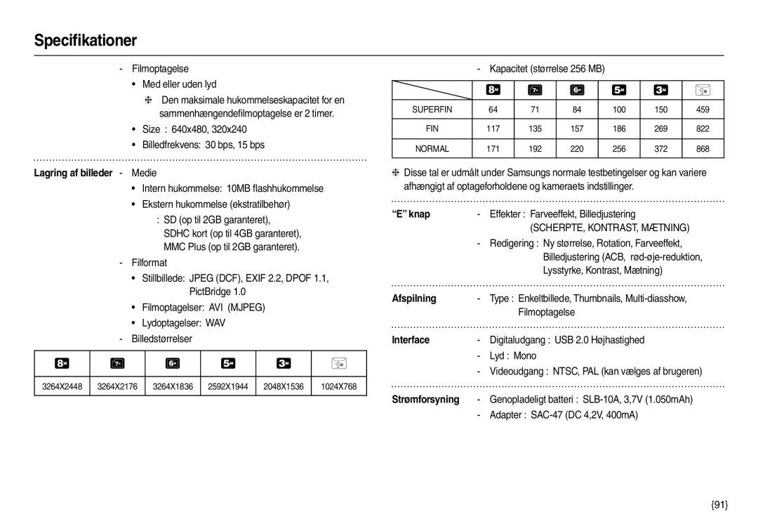 Samsung EC-M110ZSDB/E3 manual Lagring af billeder Medie, Knap, Afspilning, Interface, Strømforsyning 